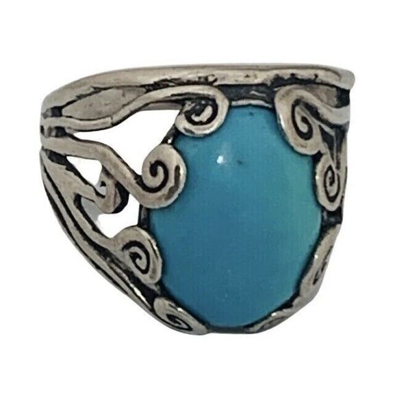Blue Turquoise 925 Sterling Silver Ring Size 10 Firoza Israel Cabochon - Picture 11 of 16